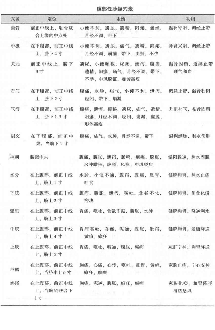 腹部任脉经穴表